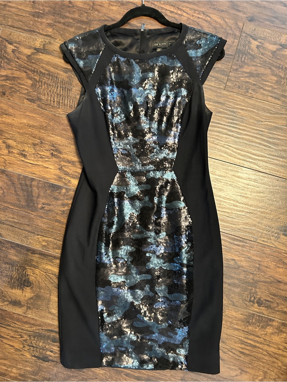 Ted Baker NAMORA Blue & Black Camouflage Sequin Panel Sheath Dress 3